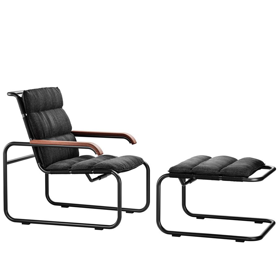 THONET Stahlrohr-Freischwinger S 35 N Outdoor mit optionalen Kissen-Set und Hocker