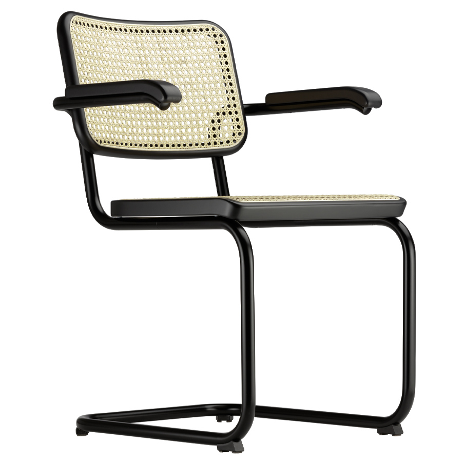THONET Stahlrohr-Freischwinger S 64 V Rohrgeflecht-Sitz mit Armlehnen - Gestell schwarz matt