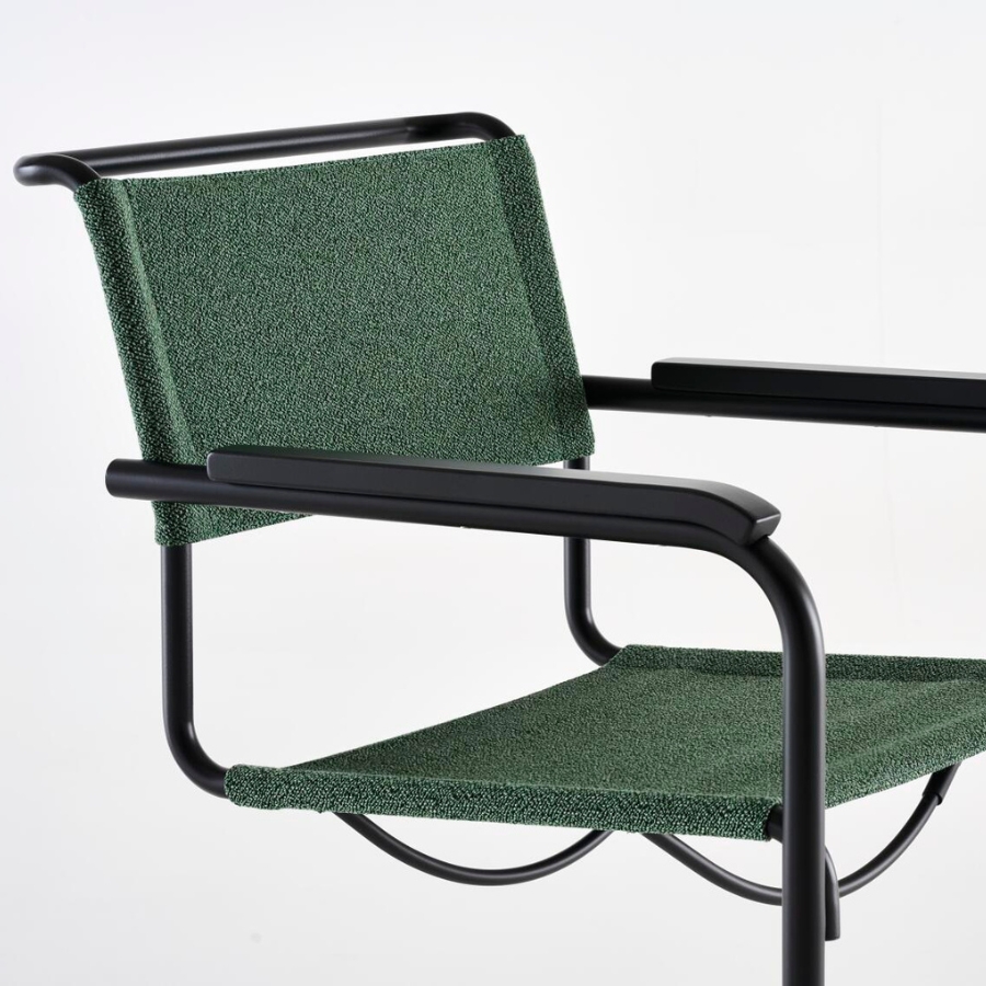 THONET Stahlrohr-Freischwinger S 34 V mit Armlehnen | Sitz u. Rücken Stoffmuster | Gestell schwarz