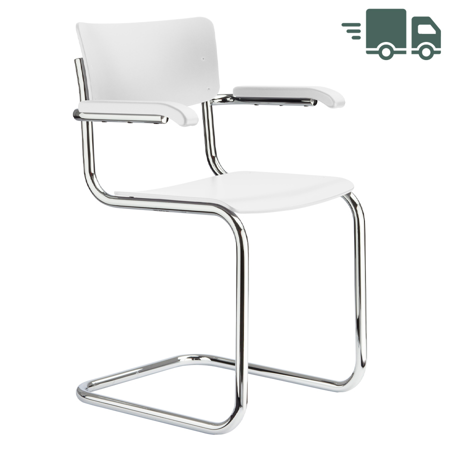 THONET Stahlrohr-Freischwinger S 43 F - Formholzschalen weiß lasiert mit Armlehnen