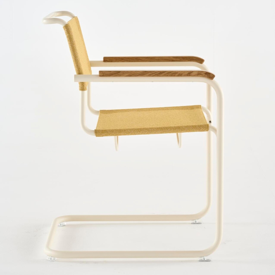 THONET Stahlrohr-Freischwinger S 34 V mit Armlehnen | Sitz u. Rücken Stoffmuster | Gestell perlweiß