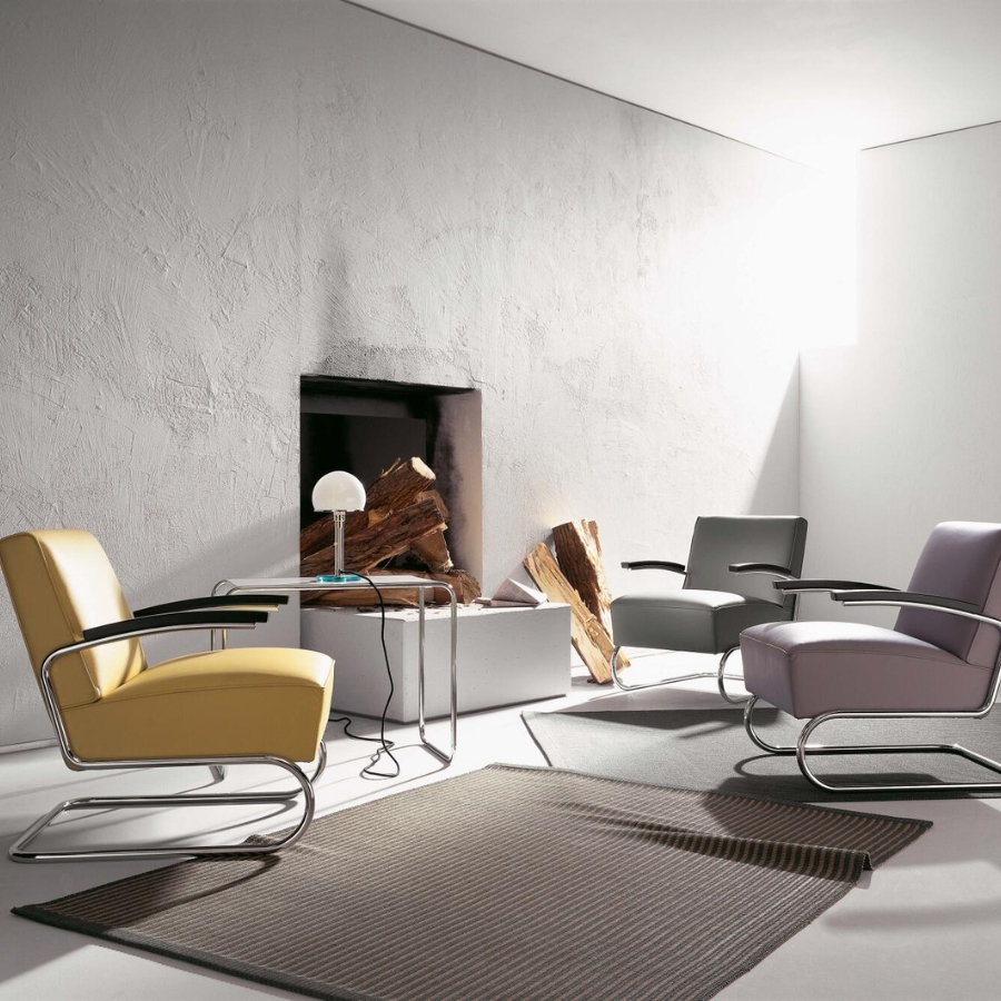 THONET S 411 Freischwinger Sessel mit Armlehnen | niedrige Rückenlehne | Leder schwarz