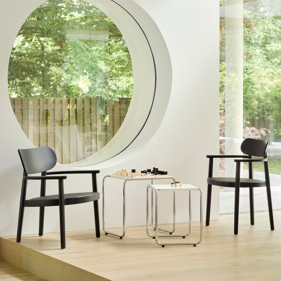 THONET 118 FV Holzstuhl Dark Melange mit Armlehnen | Rohrgeflecht-Sitz | Buche gebeizt graugrün