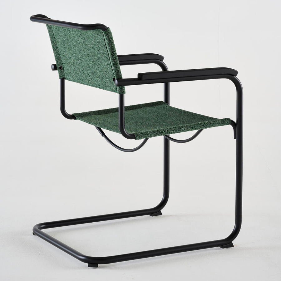 THONET Stahlrohr-Freischwinger S 34 V mit Armlehnen | Sitz u. Rücken Stoffmuster | Gestell schwarz