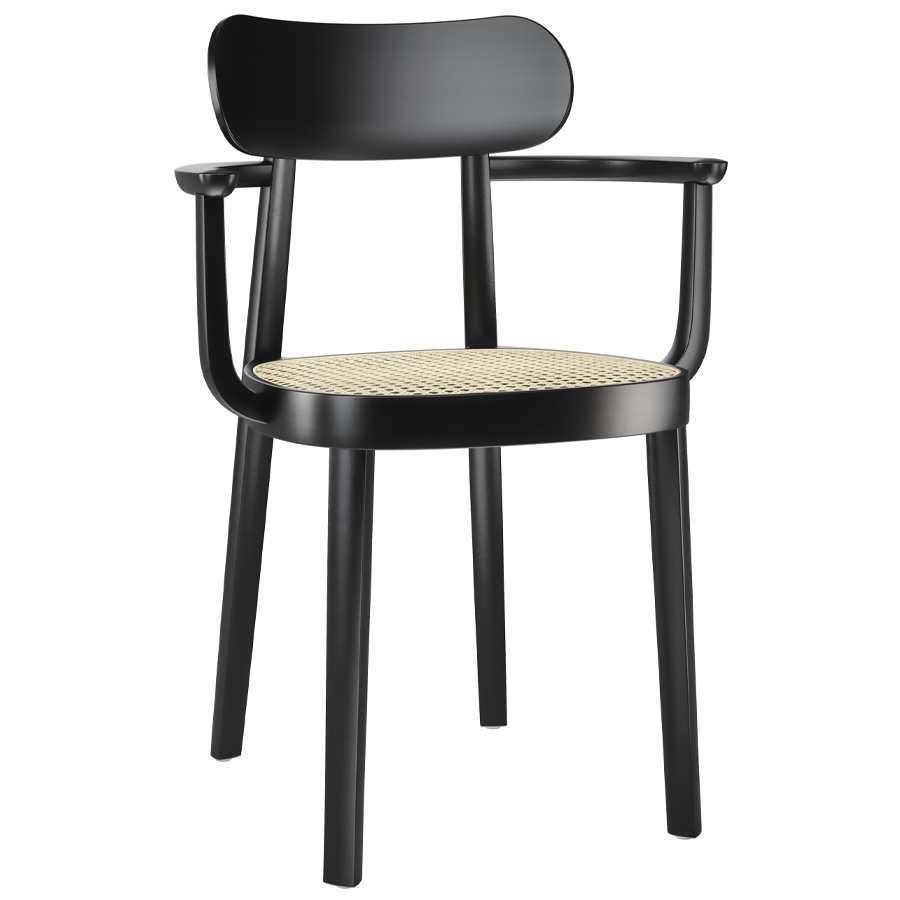 THONET 118 F Holzstuhl mit Armlehnen u. Rohrgeflecht-Sitz Buche gebeizt schwarz
