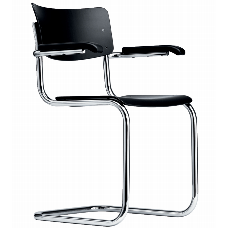 THONET Stahlrohr-Freischwinger S 43 F Formholzschalen schwarz gebeizt mit Armlehnen