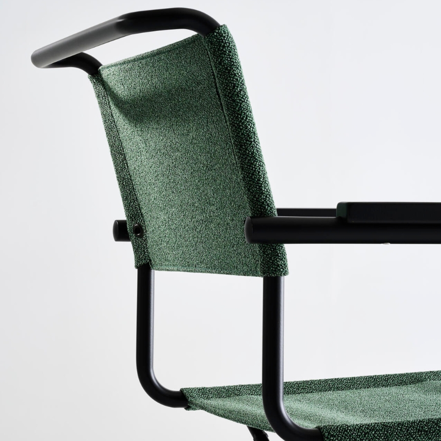 THONET Stahlrohr-Freischwinger S 34 V mit Armlehnen | Sitz u. Rücken Stoffmuster | Gestell schwarz