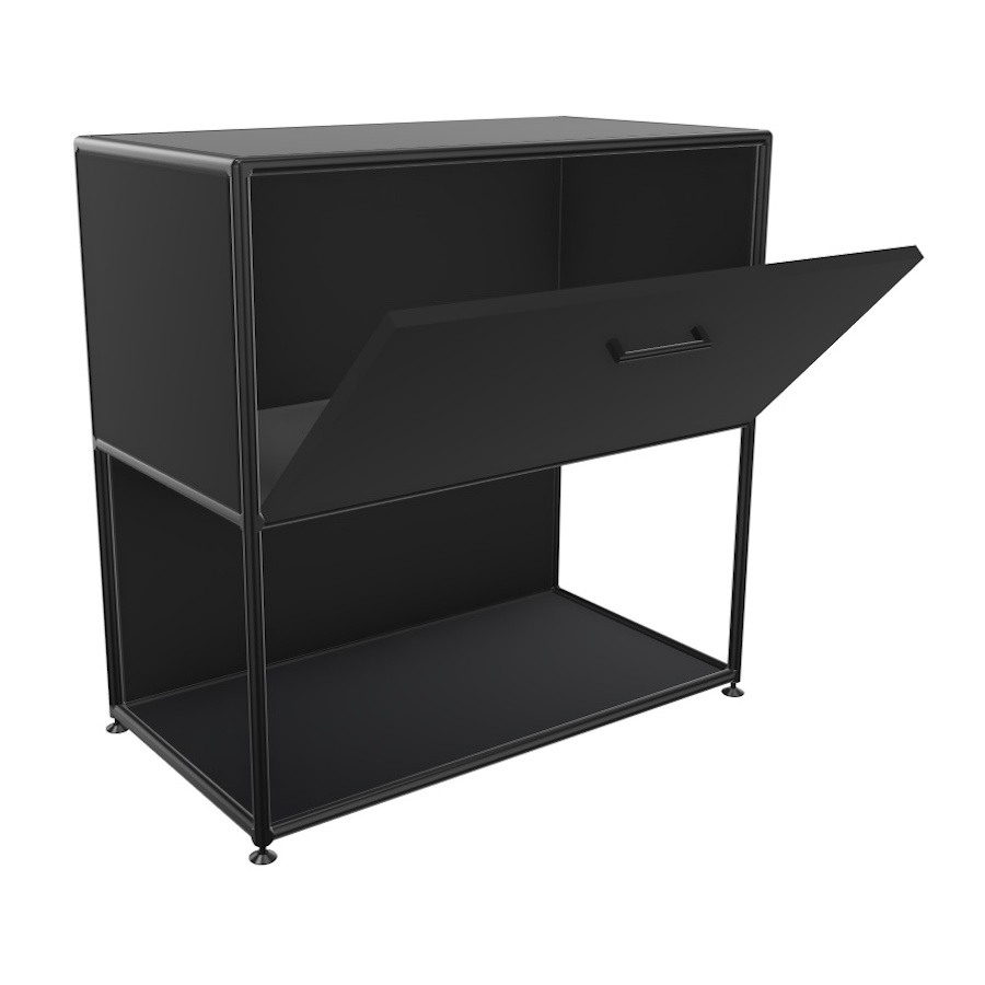 Bosse Regal Black Edition Höhe 2 OH  Breite 80 cm in Melamin Schwarz mit Klappe offen