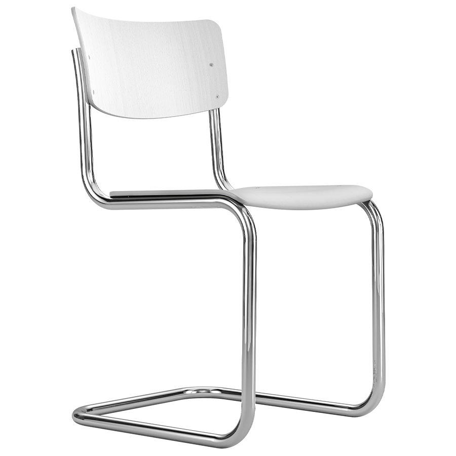 THONET Stahlrohr-Freischwinger S 43 | Formholzschale weiß lasiert | Gestell verchromt