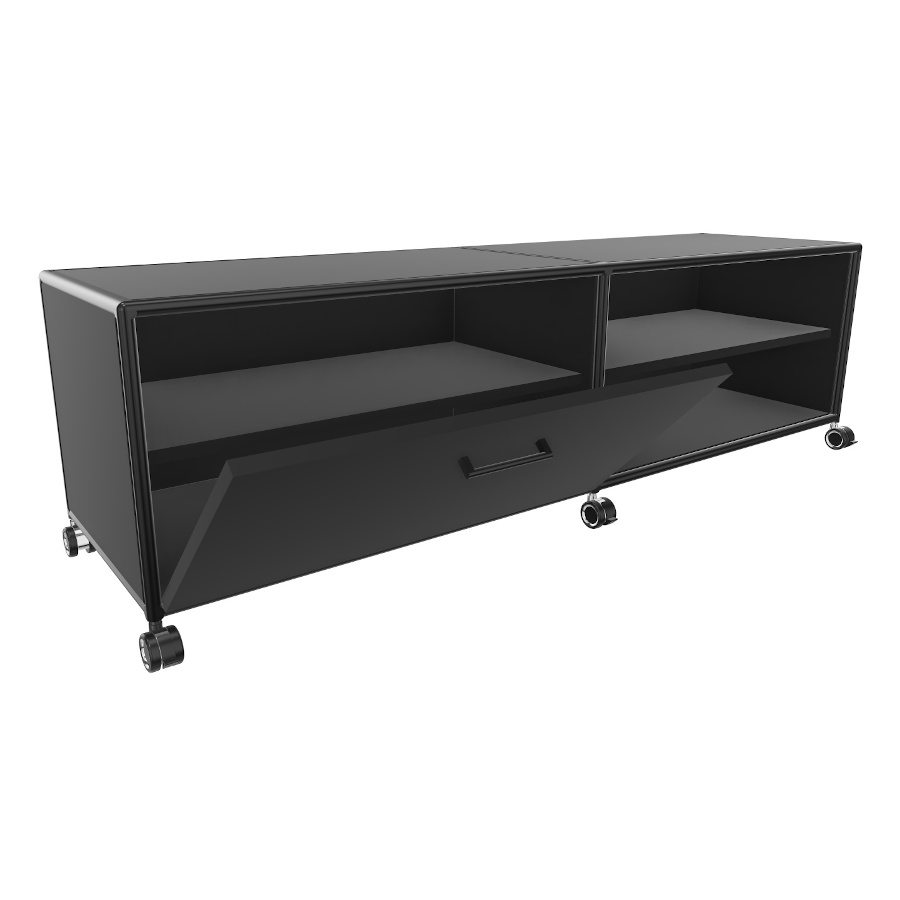 Bosse TV-Board Black Edition Höhe 1 OH Breite 160 cm in Melamin Schwarz mit Klappe offen und offenen Fach