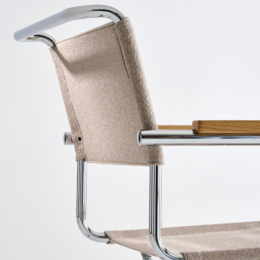 THONET Stahlrohr-Freischwinger S 34 V mit Armlehnen | Sitz u. Rücken Stoffmuster | Gestell chrom