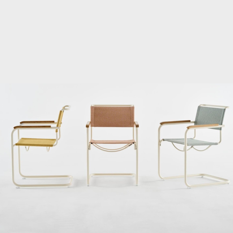 THONET Stahlrohr-Freischwinger S 34 V mit Armlehnen | Sitz u. Rücken Stoffmuster | Gestell perlweiß
