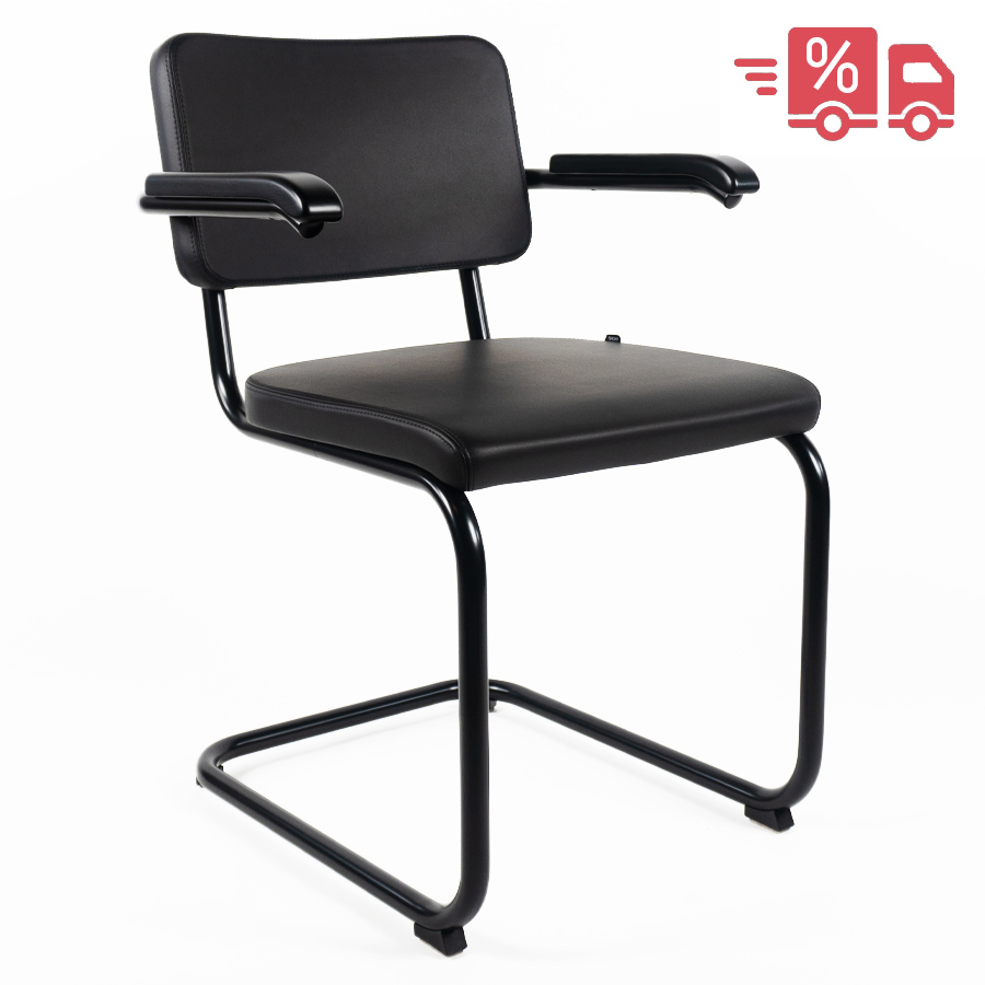THONET Stahlrohr-Freischwinger S 64 PV | Polstersitz Nubukleder schwarz | Armlehnen