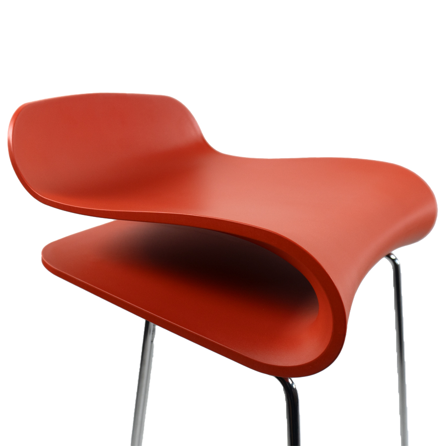 Kristalia BCN Barhocker mit Kufengestell verchromt | Schale korallenrot | Höhe 66 cm
