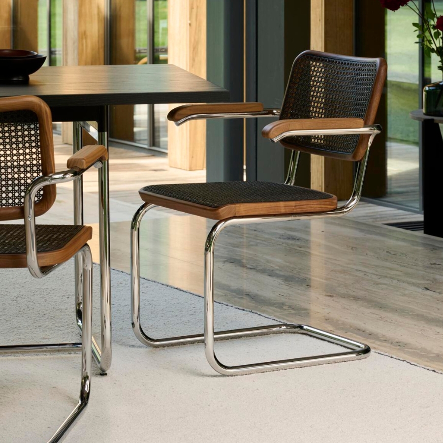 THONET S 64 V Dark Melange Edition Herkner schwarz | Stahlrohr-Freischwinger mit Armlehnen | Gestell schwarz