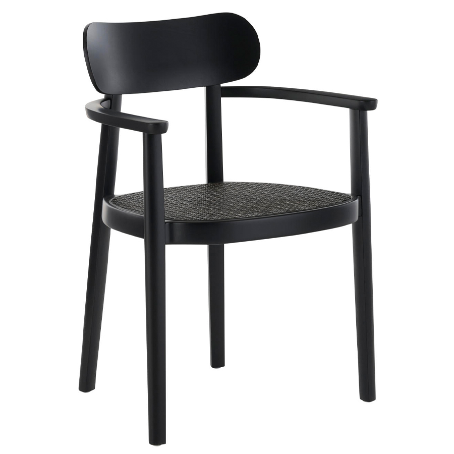 THONET 118 FV Holzstuhl Dark Melange mit Armlehnen | Rohrgeflecht-Sitz | Buche gebeizt schwarz