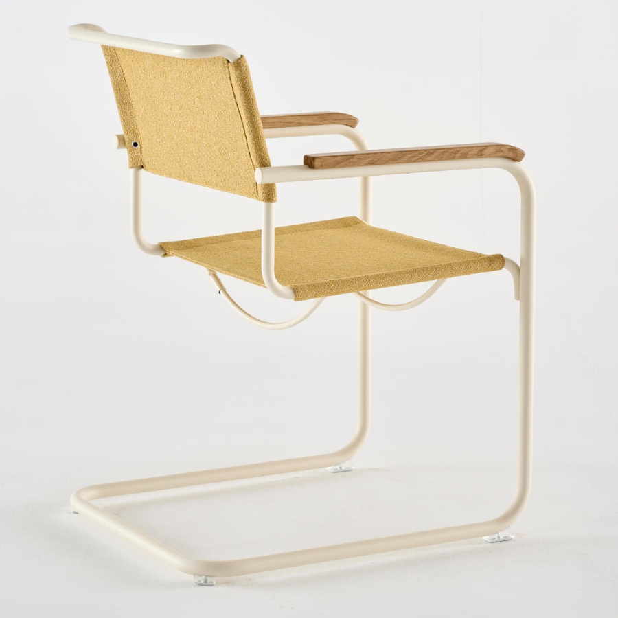 THONET Stahlrohr-Freischwinger S 34 V mit Armlehnen | Sitz u. Rücken Stoffmuster | Gestell perlweiß