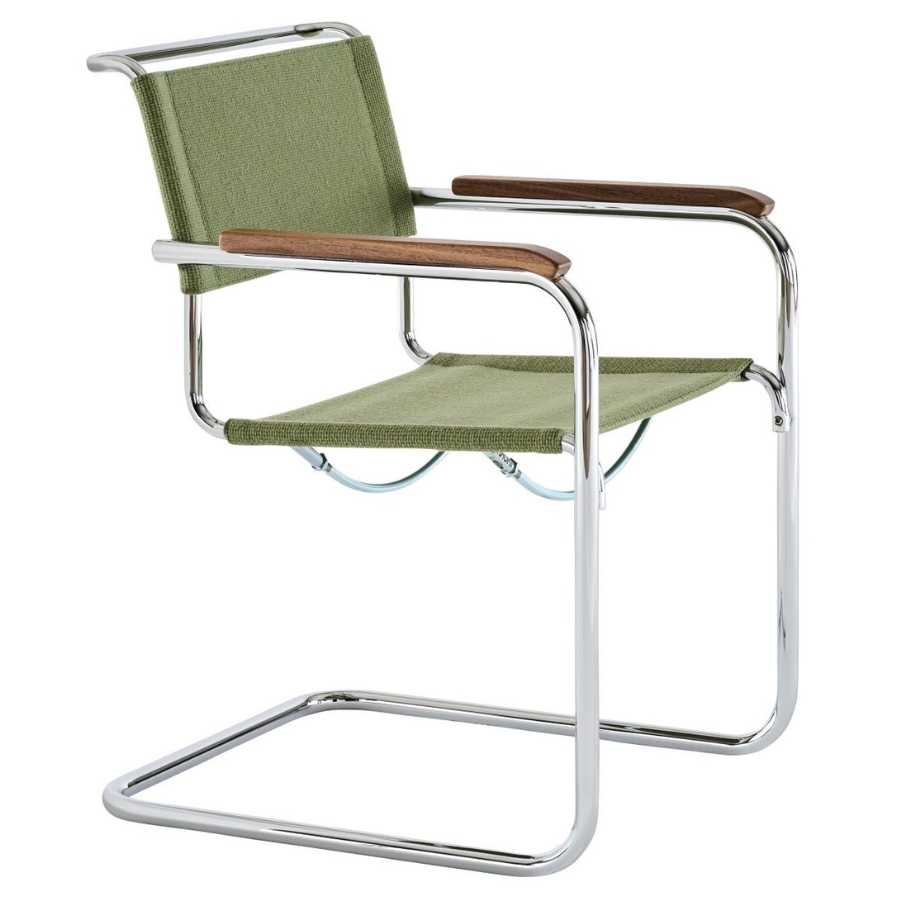 THONET Stahlrohr-Freischwinger S 34 V mit Armlehnen | Sitz u. Rücken Stoffmuster | Gestell chrom