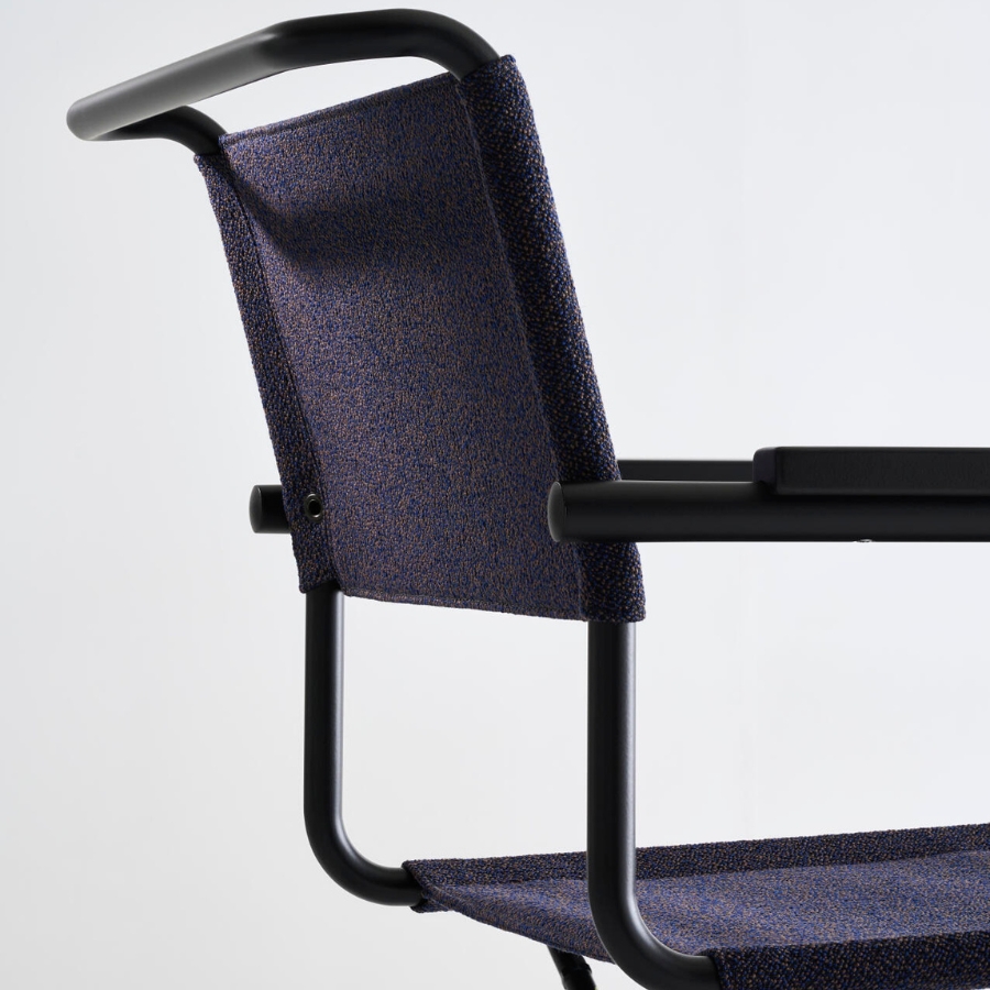 THONET Stahlrohr-Freischwinger S 34 V mit Armlehnen | Sitz u. Rücken Stoffmuster | Gestell schwarz