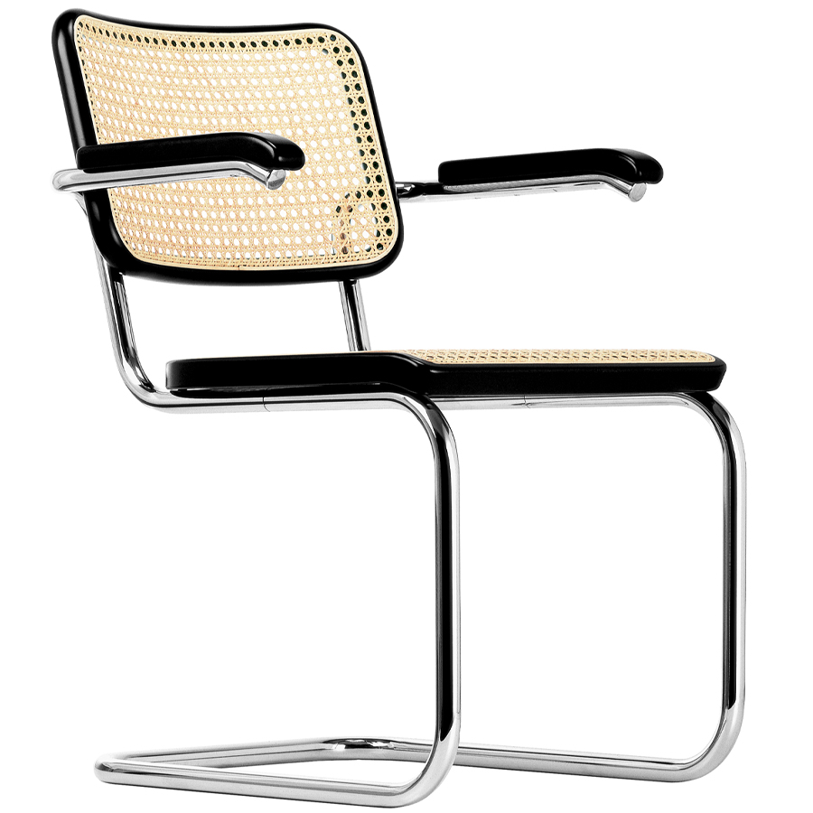 THONET S 64 V | Buche gebeizt schwarz | Stahlrohr-Freischwinger mit Armlehnen | Gestell verchromt