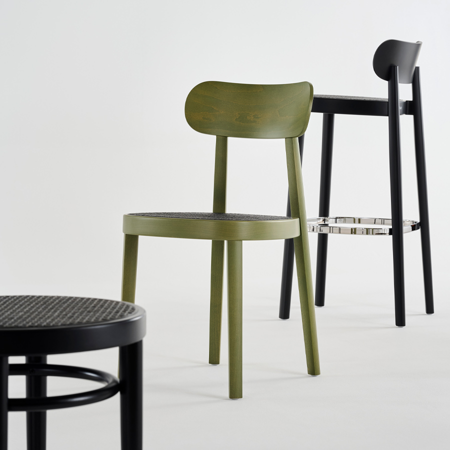 THONET 118 Holzstuhl Dark Melange graugrün | Rohrgeflecht-Sitz | Buche gebeizt graugrün