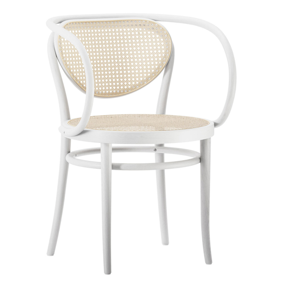 THONET 210 R Bugholzarmlehnenstuhl Buche weiß glasiert mit Rohrgeflecht