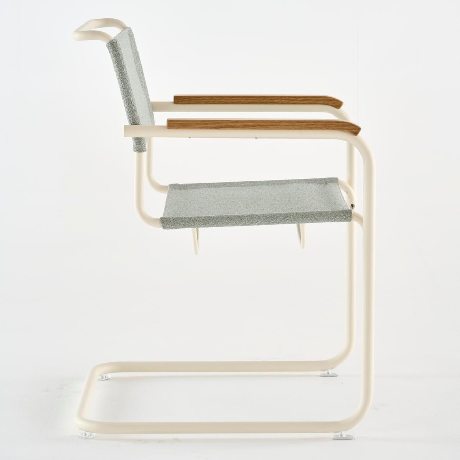 THONET Stahlrohr-Freischwinger S 34 V mit Armlehnen | Sitz u. Rücken Stoffmuster | Gestell perlweiß