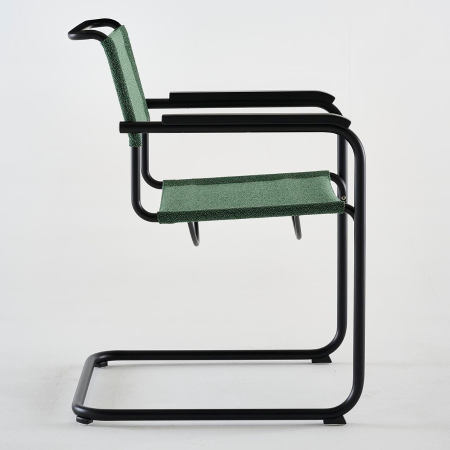 THONET Stahlrohr-Freischwinger S 34 V mit Armlehnen | Sitz u. Rücken Stoffmuster | Gestell schwarz