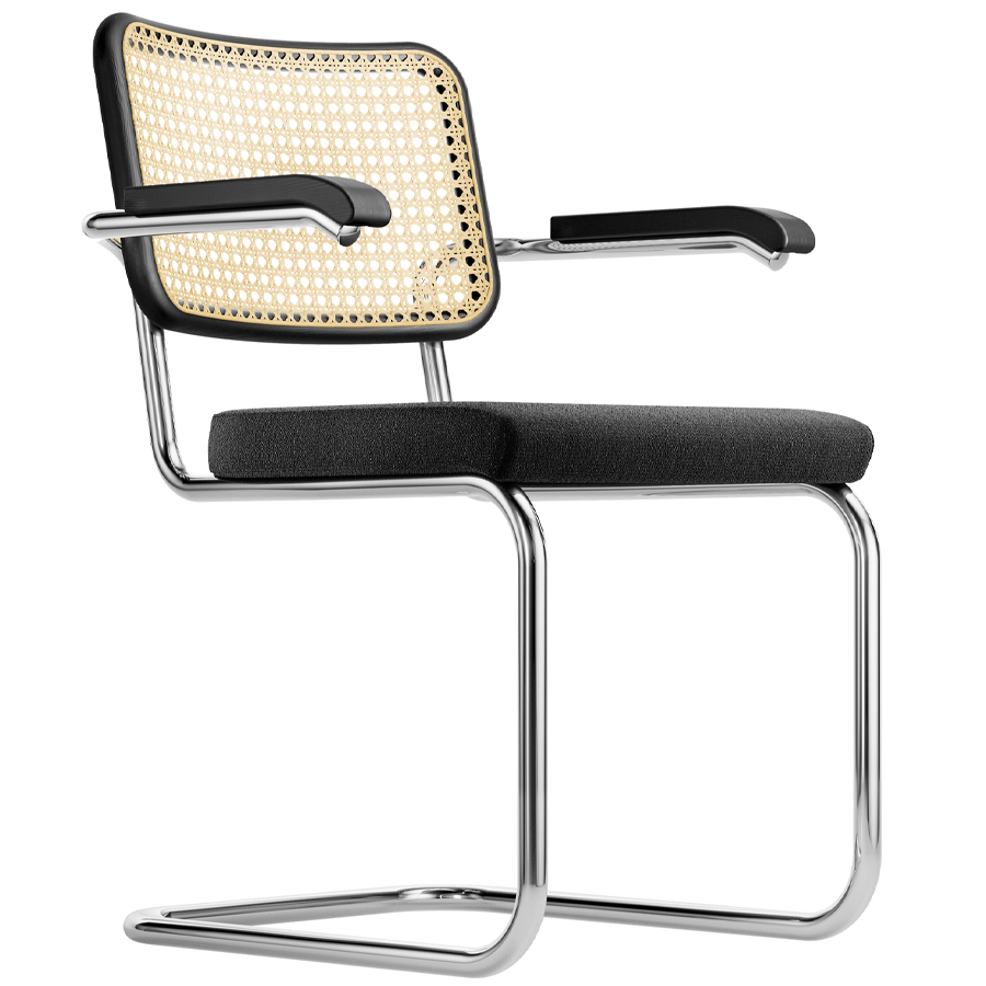 THONET Stahlrohr-Freischwinger S 64 SPV mit Armlehnen, Rücken Rohrgeflecht, Sitz vollgepolstert