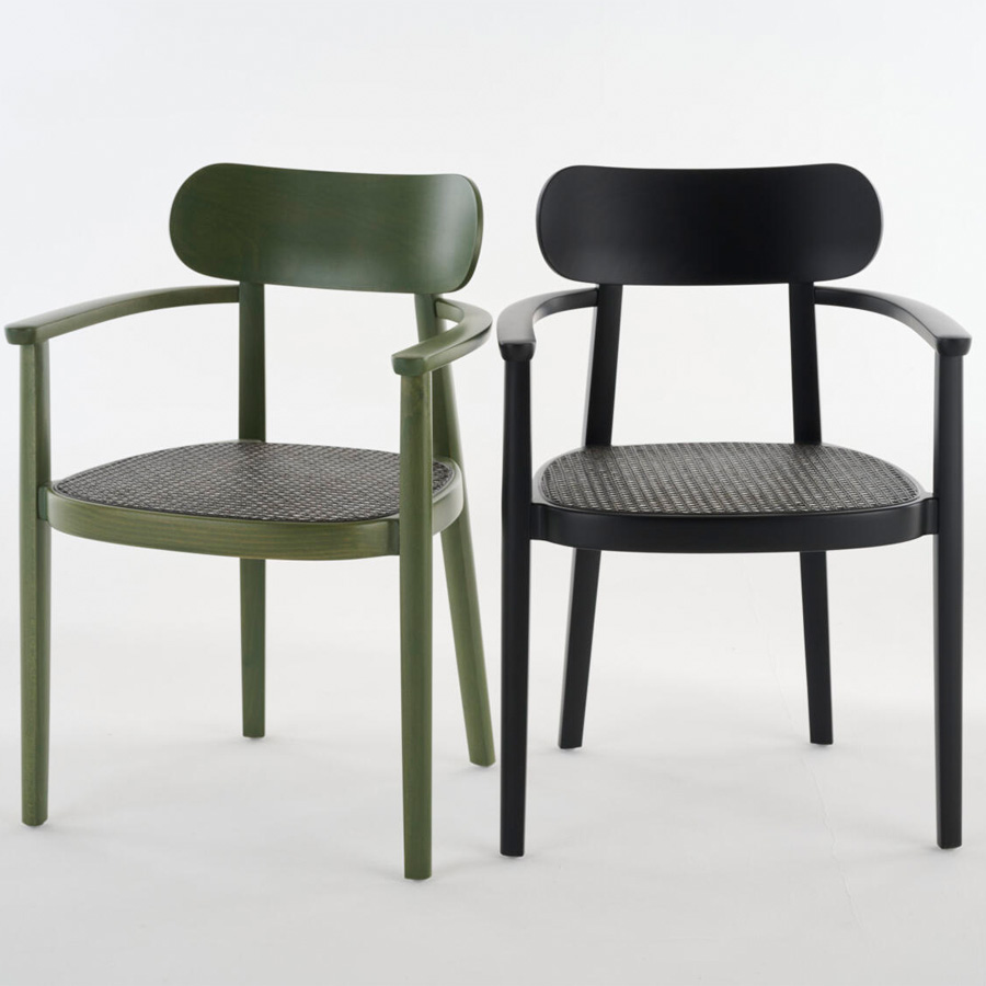 THONET 118 FV Holzstuhl Dark Melange mit Armlehnen | Rohrgeflecht-Sitz | Buche gebeizt graugrün