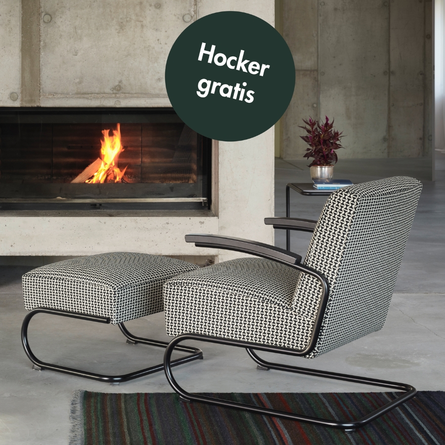 THONET S 411 Freischwinger Sessel mit Armlehnen | niedrige Rückenlehne | Leder schwarz
