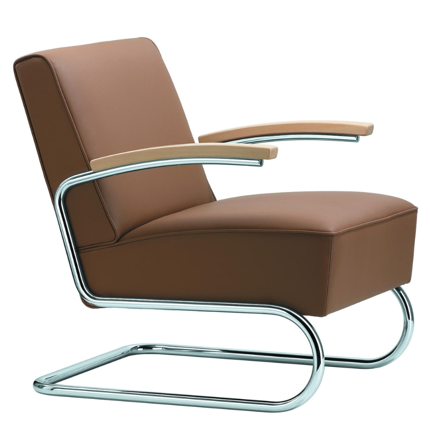 THONET S 411 Freischwinger Sessel mit Armlehnen | niedrige Rückenlehne | Leder schwarz