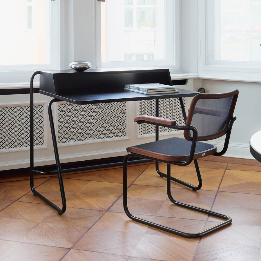 THONET Stahlrohr Schreibtisch S 1200 | Edelholz Eiche klar lackiert | Gestell schwarz