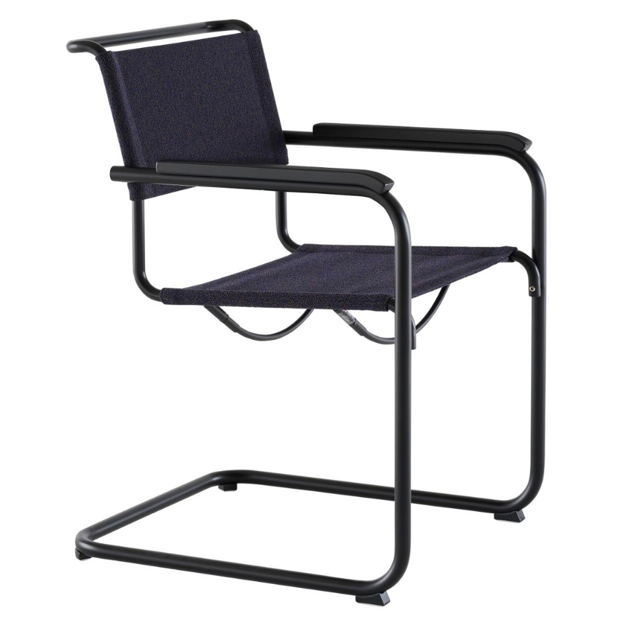 THONET Stahlrohr-Freischwinger S 34 V mit Armlehnen | Sitz u. Rücken Stoffmuster | Gestell schwarz