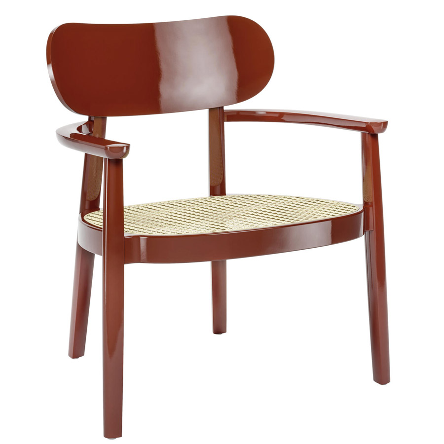 THONET 119 F Holzstuhl mit Armlehnen u. Rohrgeflecht-Sitz hochglanz dunkelrot